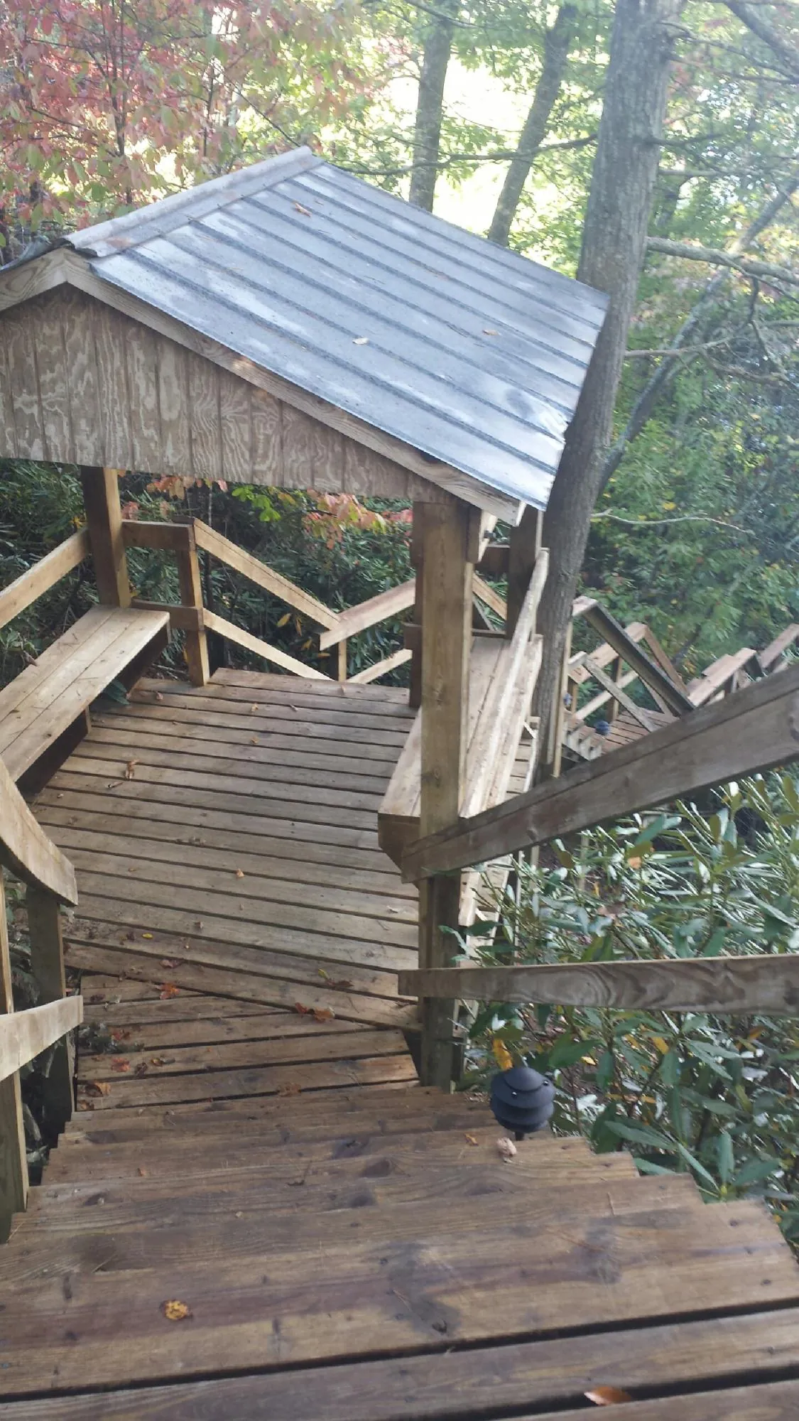 Metal roofed shelter over wooden steps on a wooded walkway — Skylight Repair & Installation work by our crew in Menahga